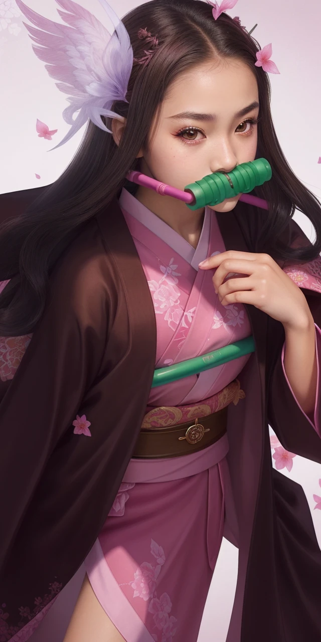 a gorgeous 12 year-old girl wearing a pink kimono with brown robe, green tube in her mouth, demon slayer, extremely detailed, 8k high quality detailed art, high detailed official artwork