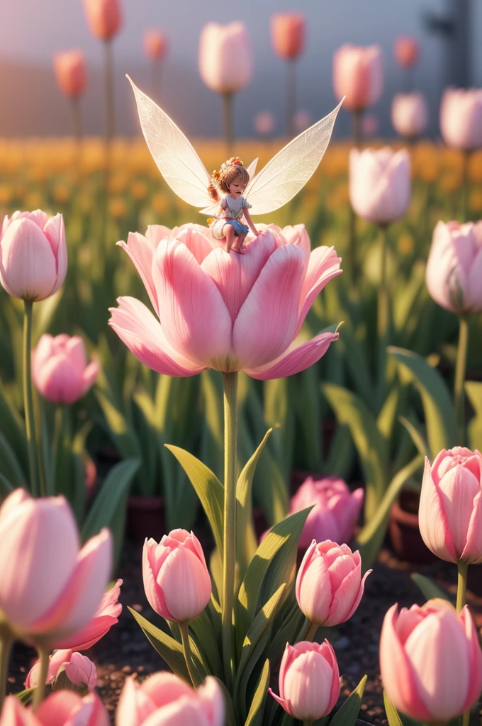 a tiny fairy is flying around tulips, masterpiece, 8k, photorealistic, soft natural lighting, ultra-detailed, realistic, long exposure, depth of field, macro