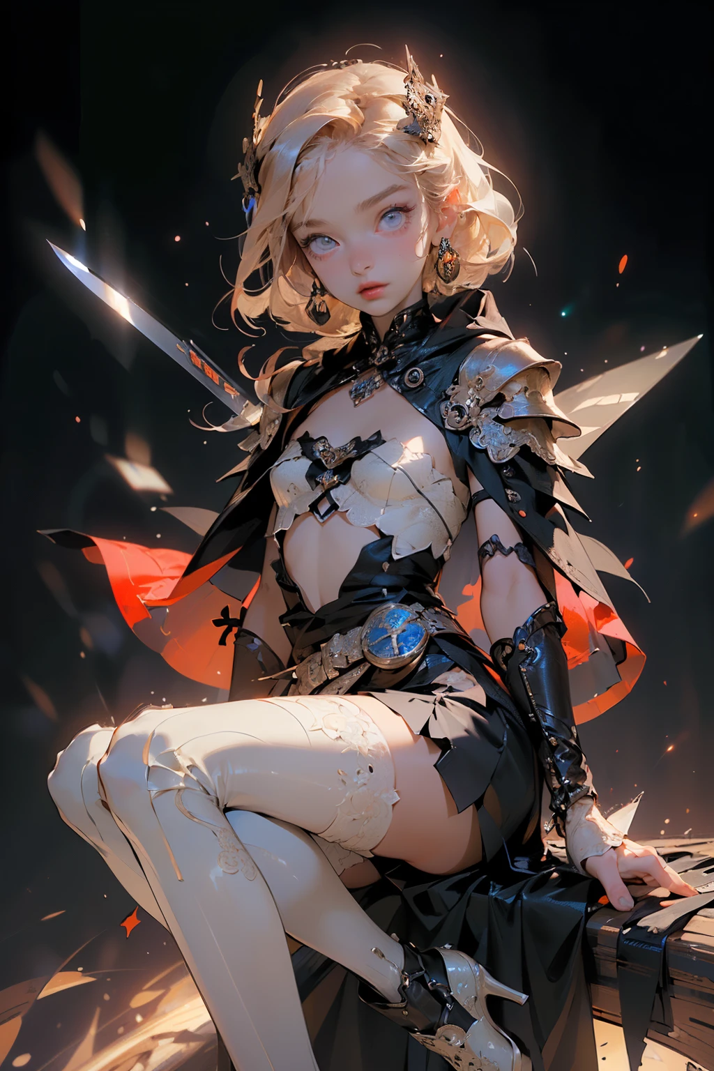 (((masterpiece, of the highest quality, super detailed))), (a female knight of an occult order), ((((a floating sword with a digital glitch-like effect to the blade as though it is rapidly flickering in and out of reality, with a very slight warping effect around it similar to gravitational lensing, is next to her)))), Edwardian/Victorian era inspired, ((minimal but intricate beautiful armour)), Fluttering lace flared dress with frilly petticoats, ((((Highly detailed face))), (((Very sharp focused eyes))), very long eyelashes, small breasts, (((flat chest:1.1))), occult aesthetic, (red and white clothing detailed and intricate steampunk and detailed gothic), (with a hood), complex lace boots