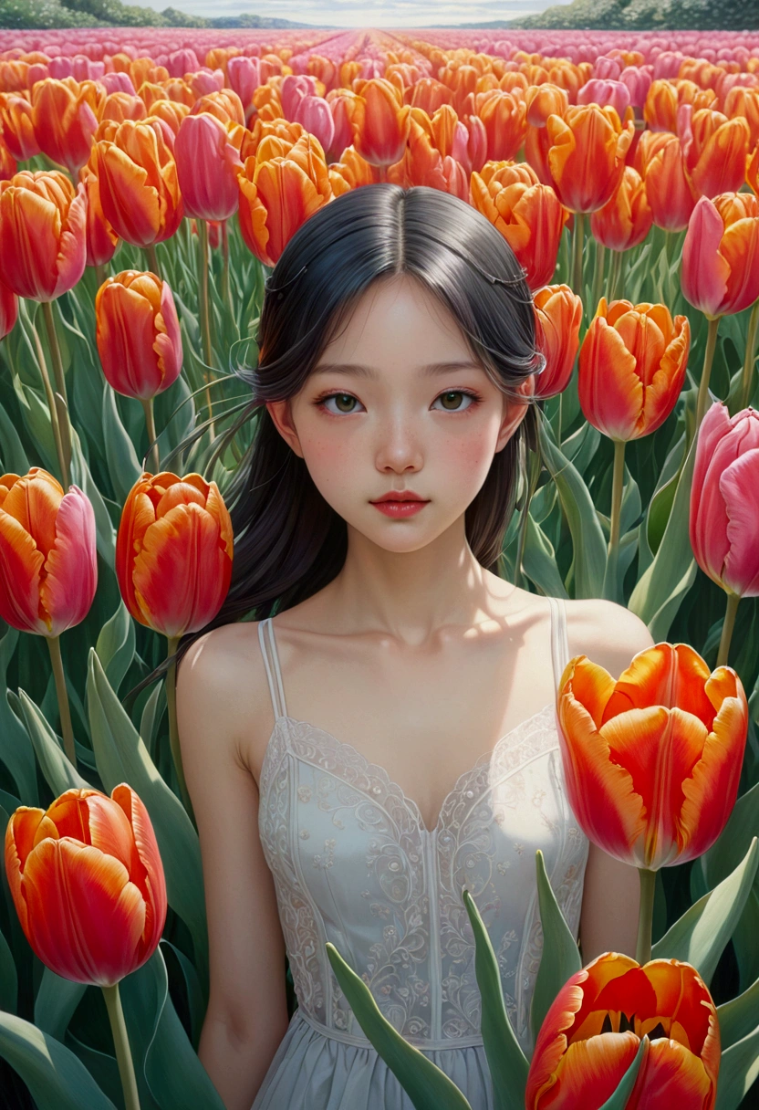 Tulip, by Miho Hirano, cinematic still, dynamic movement, surreal, (best quality, masterpiece, photorealistic), very aesthetic, perfect composition, intricate details, ultra-detailed, vivid colors