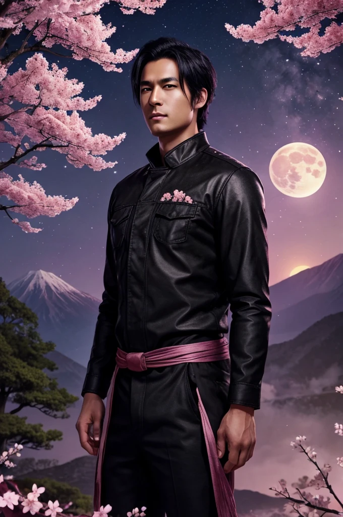 masterpiece, best quality, night, mountain, full moon, short black hair, black eyes, really tall Anime man, firefly, stars, mysterious cherry blossom tree, pink leaves, high quality, beautiful graphics, high detail