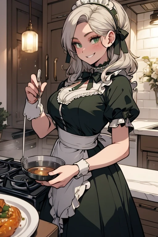 Perfect face. Perfect hands. A young silver haired woman with green eyes and an hourglass figure in a Lolita maid uniform is cooking in a fancy kitchen with a big smile