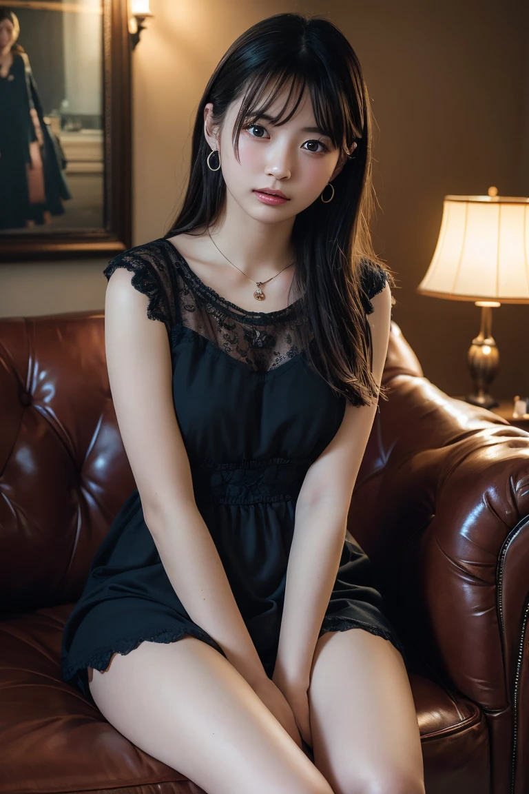 (Highest quality:1.4),(masterpiece:1.4),(Realistic:1.4),(Realistic:1.2),(超High resolution, RAW Photos:1.4),(High resolution, Ultra-detailed:1.2),(8k:1.2),View your viewers,Cinematic photography,One girl,skeletally correct,Black-haired woman,Woman in her early 20s,(Small earrings,necklace,Brown tulle dress),(Western-style building interior,Dimly lit room,The lamplight shines on my cheeks,Sit on the sofa)