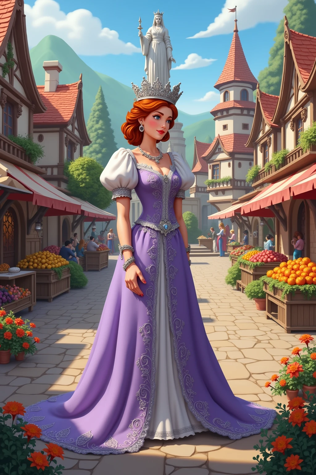 The village square adorned with a statue of Queen Elara, surrounded by vibrant gardens and bustling market stalls. The atmosphere is festive and joyous.Queen Elara: Now a regal figure with a more elaborate version of her lavender dress, adorned with intricate silver embroidery. She wears a grand silver crown and her auburn hair is styled elegantly.