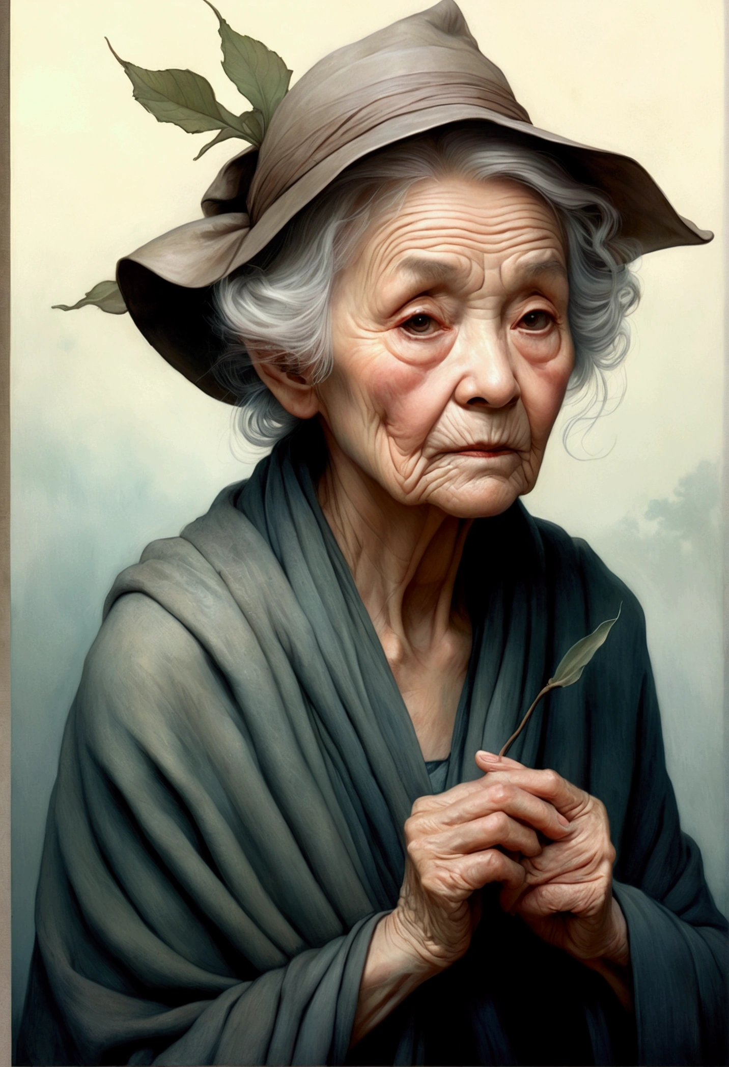 Ross Tran, Brian froud, tom bagshaw of a gentle elderly woman, with soft and intricate shading in her wrinkled face, capturing the weathered beauty of a long and fulfilling life, (nsfw), naked, full body
