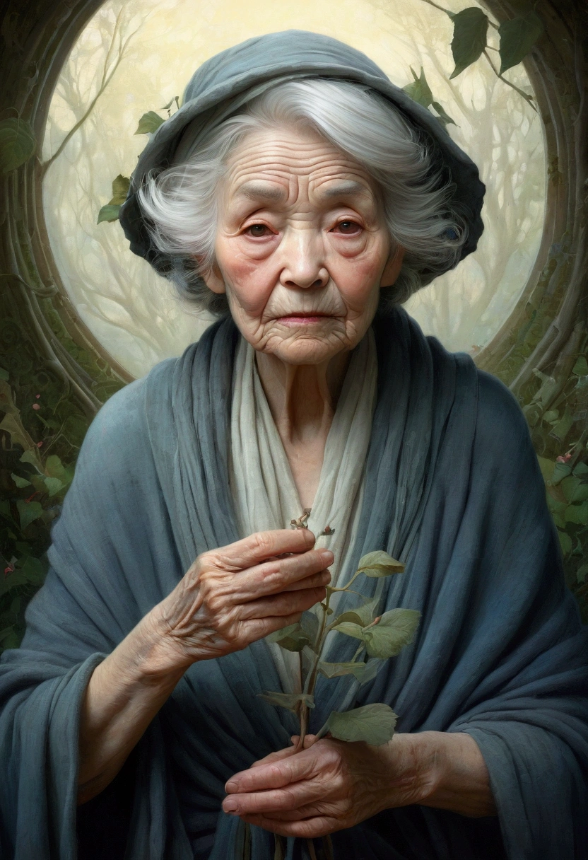 Ross Tran, Brian froud, tom bagshaw of a gentle elderly woman, with soft and intricate shading in her wrinkled face, capturing the weathered beauty of a long and fulfilling life, (nsfw), naked, full body