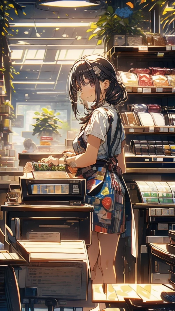 young woman,Facing forward,smile,((Standing inside the cash register)),Touching the cash register machine,Customer Service,((There is a cash register on the table)),(Scanning product barcodes at the cash register)),Supermarket clerk,Wearing an apron,uniform,((Working as a cashier)),((Cashier)),((cashier,register,)),((Receive money from customers)),There are products on the shelves,In the supermarket,Bright interior,grocery store