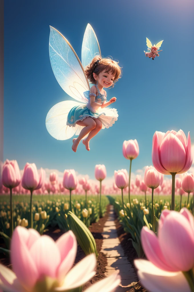 a tiny fairy is flying around tulips, masterpiece, 8k, photorealistic, soft natural lighting, ultra-detailed, realistic, long exposure, depth of field, macro