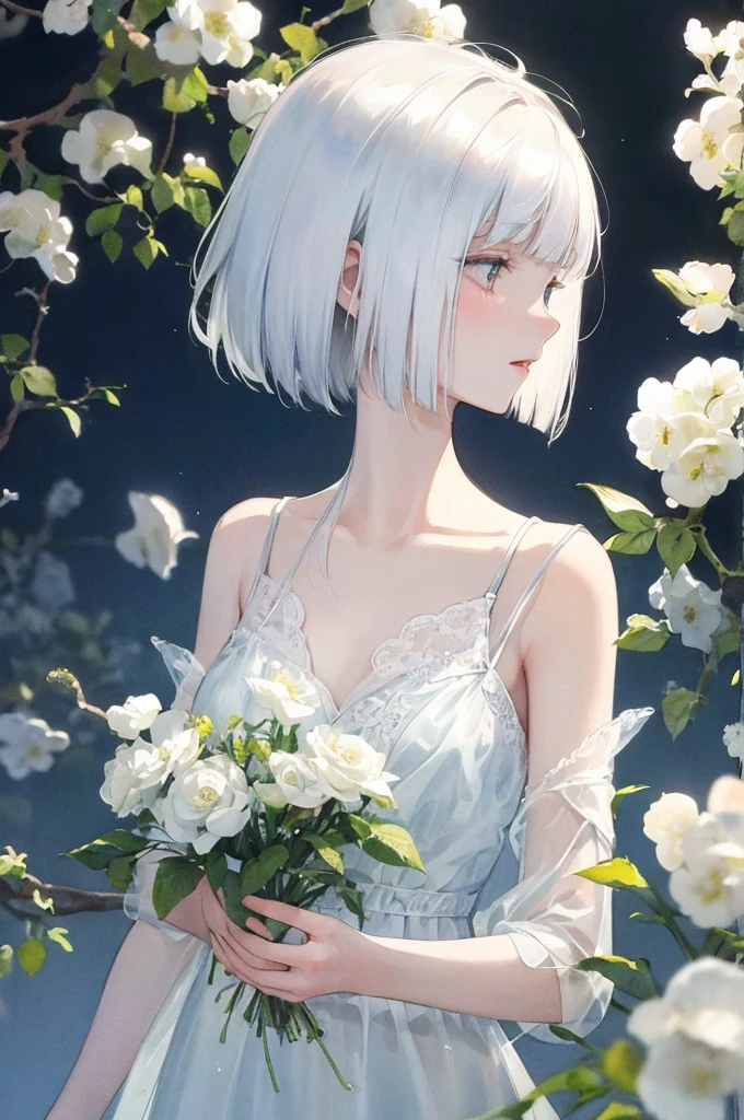 watercolor wash, (translucent layer: 1.1),
Delicate mixing, smooth texture,
Subtle tones, organic forms, poetic atmosphere,
White bob hair, girl, delicate, background is flowers
