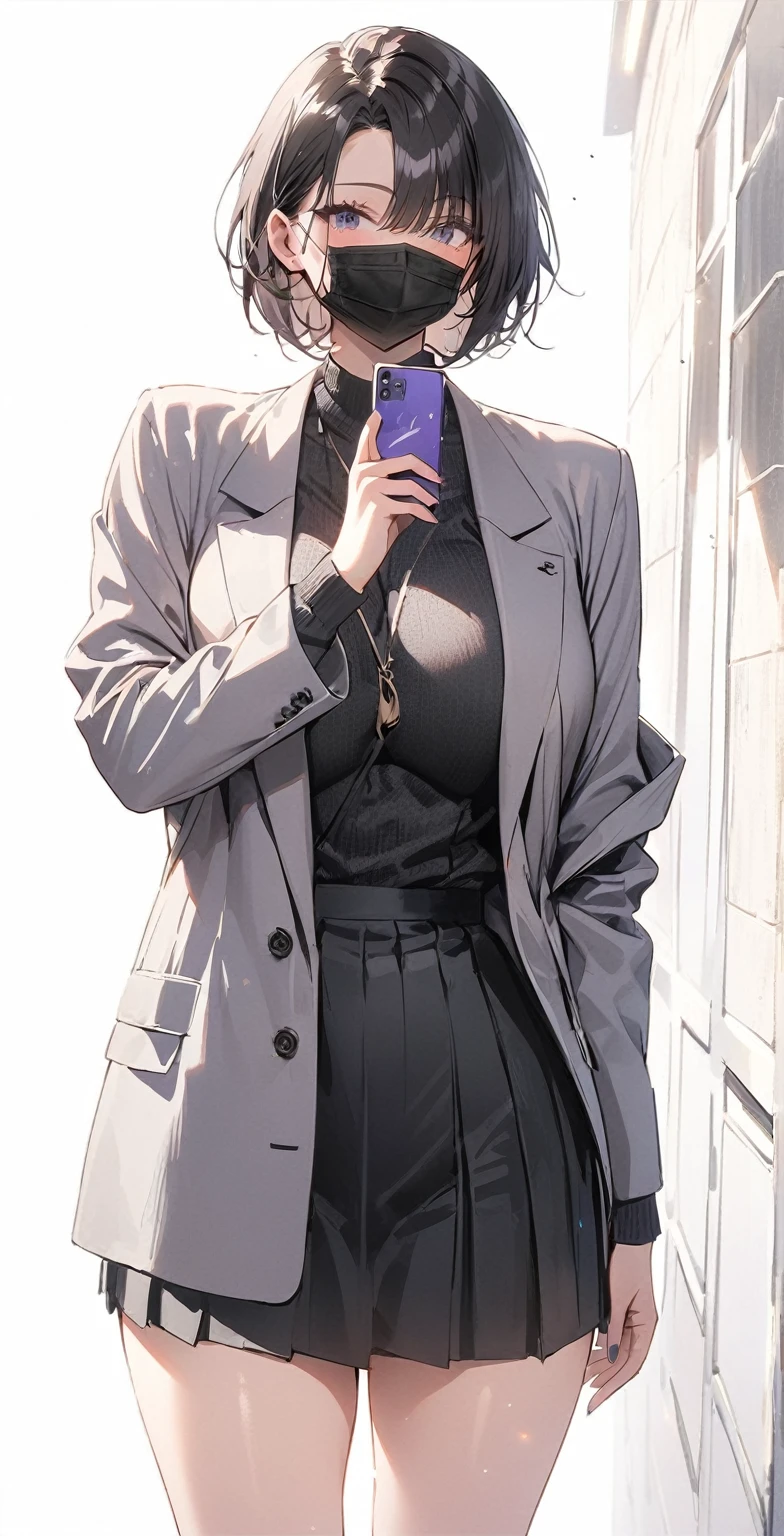 anime style, cinematic lighting, glowing light, a woman in a purple sweater, grey jacket, and black Formal Skirt Office holding a smartphone, better known as amouranth, 1girl, 24-year-old female model, big breasts, curvy body, standing pose, (Short Bob haircut, black hair, covering one side eye), wearing a mask, (black surgical mask, surgical mask fit his face:1.2).