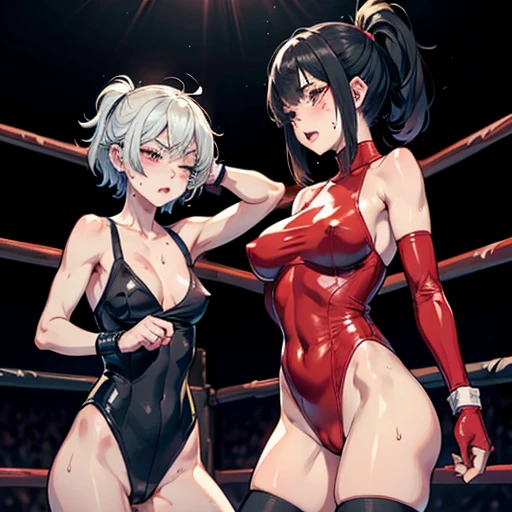 punch and kick. whole body picture. two bloody beautiful Japanese female fighters are eyes to eyes. They are banging their punches and kicks against their opponents in the octagon ring. Blood is dripping from their nose. they are covered in scars and bruises. they are damaged terribry. Short-cut black hair, out of breath, drooling from mouth, one eye closed, exhausted, drenched in sweat. Erect nipples. open finger glove. high-leg leotard. Stockings. arm-warmers. Excellent proportion body.