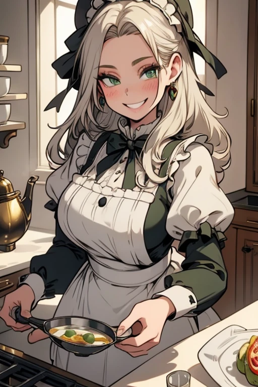 Perfect face. Perfect hands. A young silver haired woman with green eyes and an hourglass figure in a Lolita maid uniform is making tea in a fancy kitchen with a big smile
