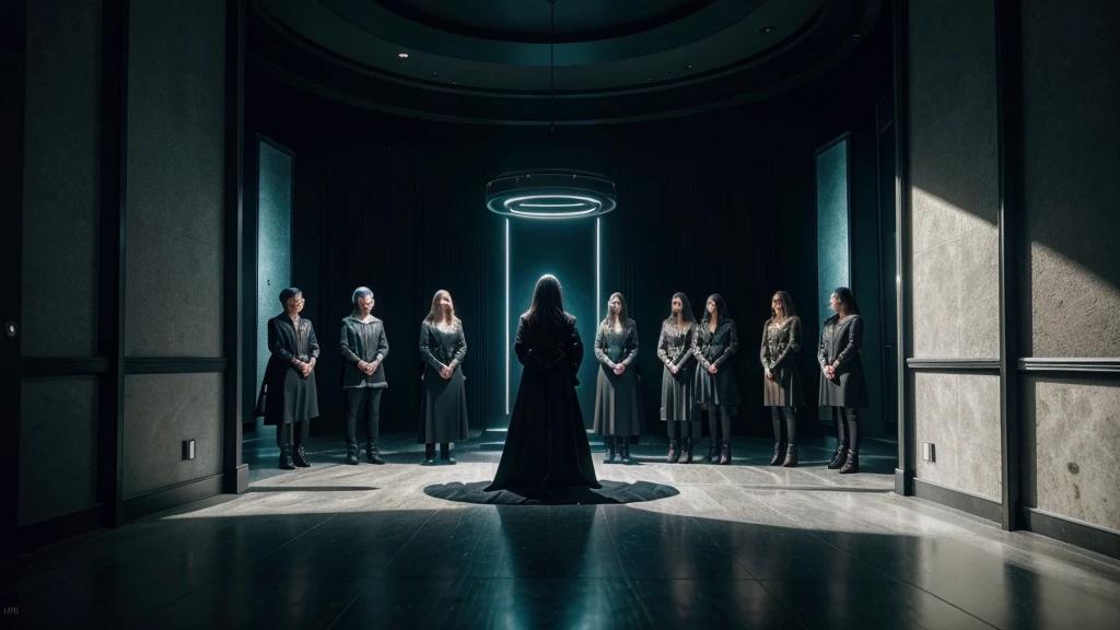 a group of people trapped and hypnotized in a futuristic evangelical church with black walls and colored lights,(best quality,4k,8k,highres,masterpiece:1.2),ultra-detailed,(realistic,photorealistic,photo-realistic:1.37),intricate details,dramatic lighting,cinematic composition,moody atmosphere,dystopian,sci-fi,dark fantasy,surreal,chiaroscuro,vibrant colors