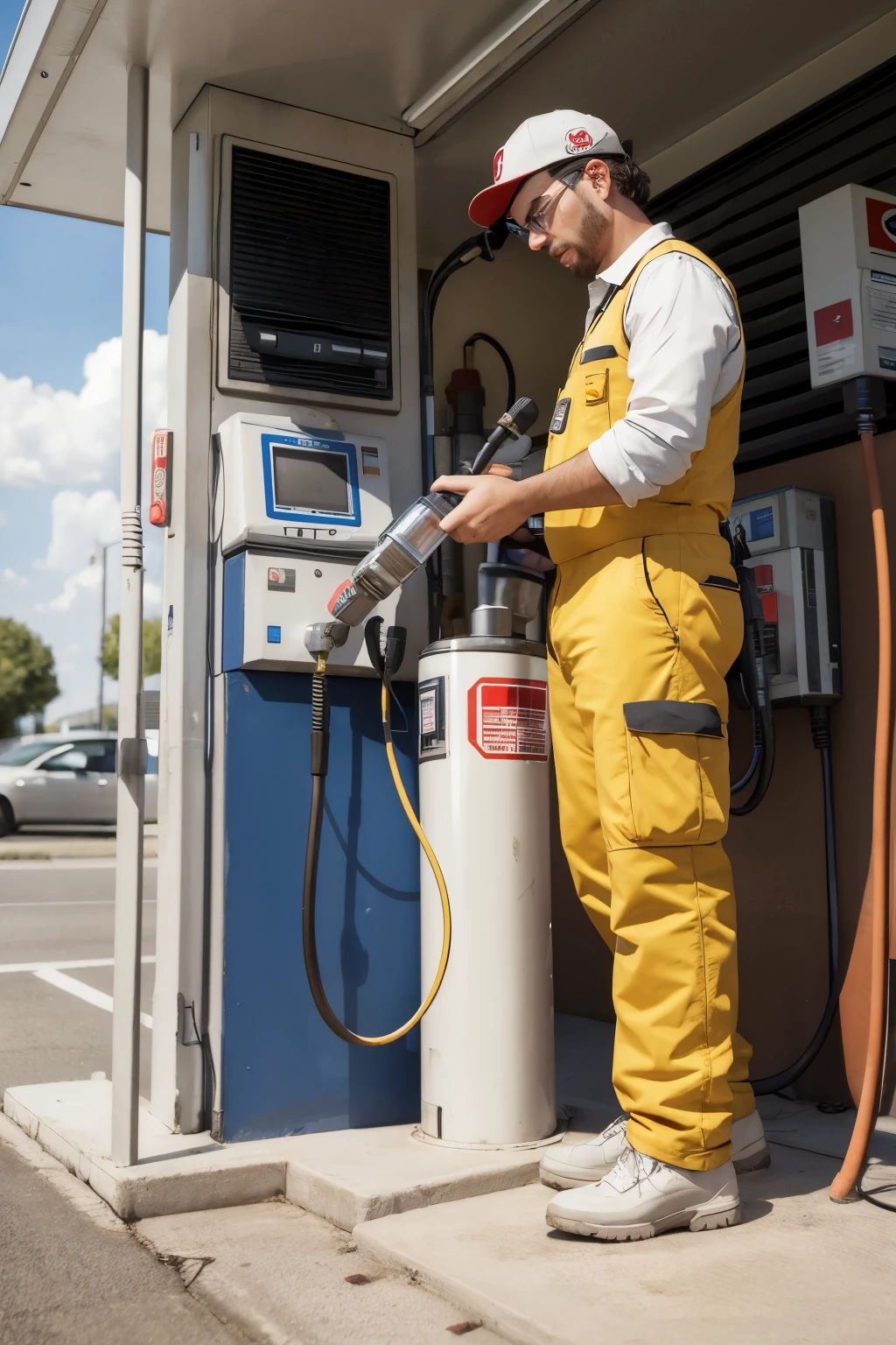 3d figure of a fuel pump technician, repairing a fuel pump at a gas station
