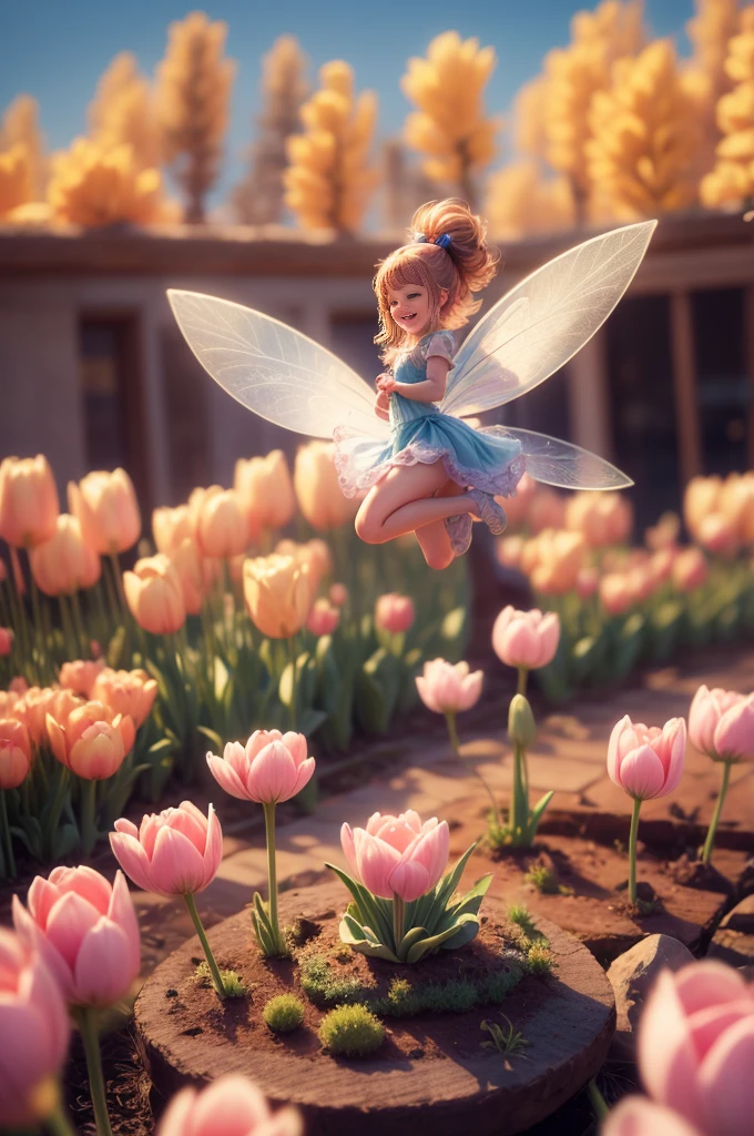 a tiny fairy is flying around tulips, masterpiece, 8k, photorealistic, soft natural lighting, ultra-detailed, realistic, long exposure, depth of field, macro