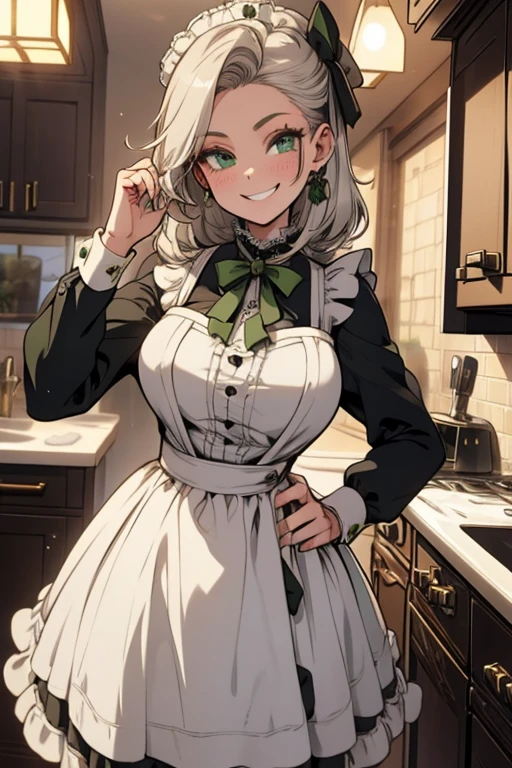 Perfect face. Perfect hands. A young silver haired woman with green eyes and an hourglass figure in a Lolita maid uniform is making tea in a fancy kitchen with a big smile