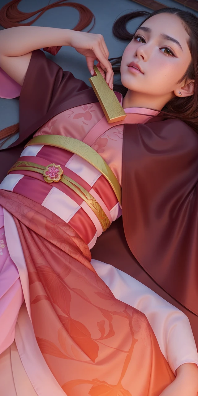 a gorgeous 12 year-old girl wearing a pink kimono with brown robe, demon slayer, extremely detailed, 8k high quality detailed art, high detailed official artwork