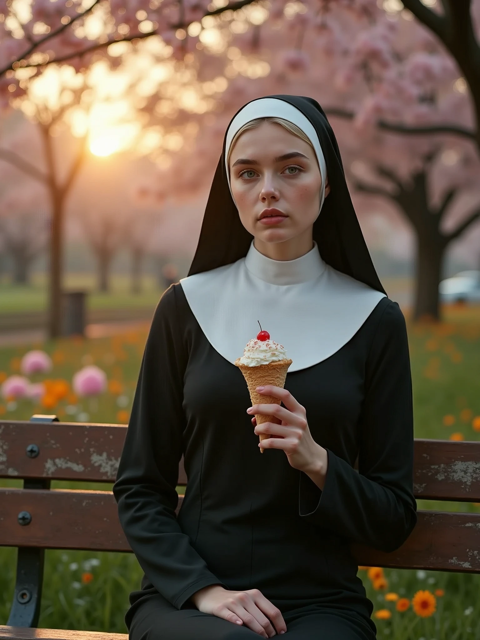 ((masterpiece, 8K, best quality, high resolution:1.3)), (a RAW photo of a young blonde nun with very pale skin, light green eyes, and full lips:1.2), (she is sitting on a park bench:1.2), (behind her are beautiful cherry blossom trees and a variety of colorful flowers:1.2), (she is holding an ice cream in one hand:1.2), (her clothing is fitted, revealing her slender and defined body:1.2), (the sun is setting in the west:1.2), (Canon EOS 5DS R camera, perfect for capturing the detail and beauty of the scene:1.2), (paired with the Canon EF 85mm f/1.4L IS USM lens:1.2), (the scene is illuminated with soft, warm sunlight:1.2), (her serene and content expression showcasing her natural elegance:1.2), (a moment frozen in time, capturing the essence of tranquility and beauty:1.3), (ultra photorealistic, highlighting her features and the picturesque park setting:1.3), (an image that transports viewers to a captivating and peaceful moment:1.2), (a scene that exemplifies the beauty of a serene and natural environment:1.2), ((huge breasts)), ((((sfw)))), Cinematic, Hyper-detailed, insane details, Beautifully color graded, Cinematic Lightning, Insanely detailed and intricate, Hyper maximalist, Volumetric, Full color, HDR, shallow depth of field, high budget Hollywood film, cinemascope, moody, epic, gorgeous