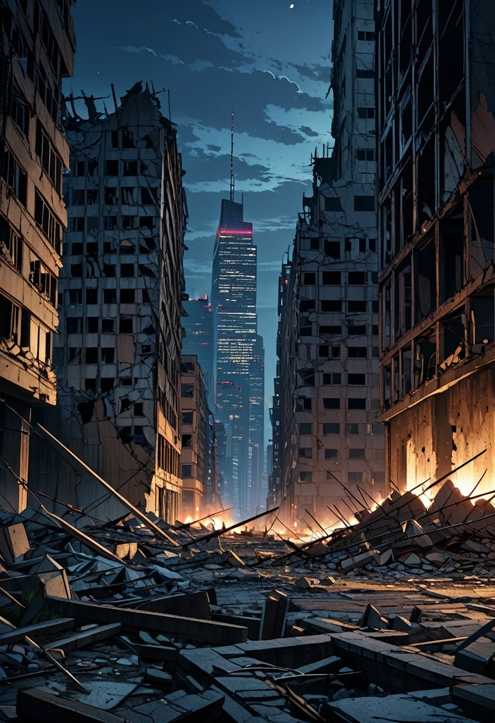 Destroyed city ruins, Barbed wire, skyscrapers in distance, at night