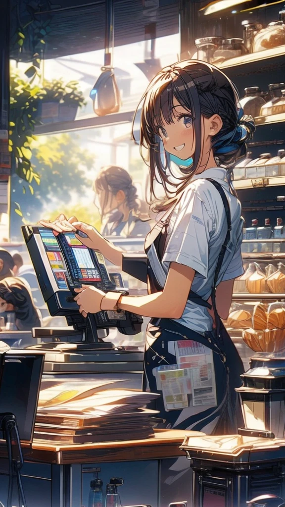 young woman,Facing forward,smile,((Standing inside the cash register)),Touching the cash register machine,Customer Service,((There is a cash register on the table)),(Scanning product barcodes at the cash register)),Supermarket clerk,Wearing an apron,uniform,((Working as a cashier)),((Cashier)),((cashier,register,)),((Receive money from customers)),There are products on the shelves,In the supermarket,Bright interior,grocery store