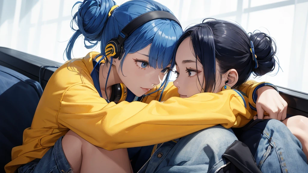 A female college student ties her hair into a bun、 and over-ear headphones、and 、i am strong willed、blue hair 、Yellow clothes、Denim hot pants、The background is simply light blue