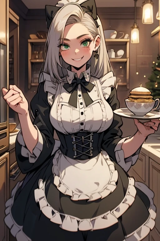 Perfect face. Perfect hands. A young silver haired woman with green eyes and an hourglass figure in a Lolita maid uniform is setting up a tray of cookies and tea in a fancy kitchen with a big smile
