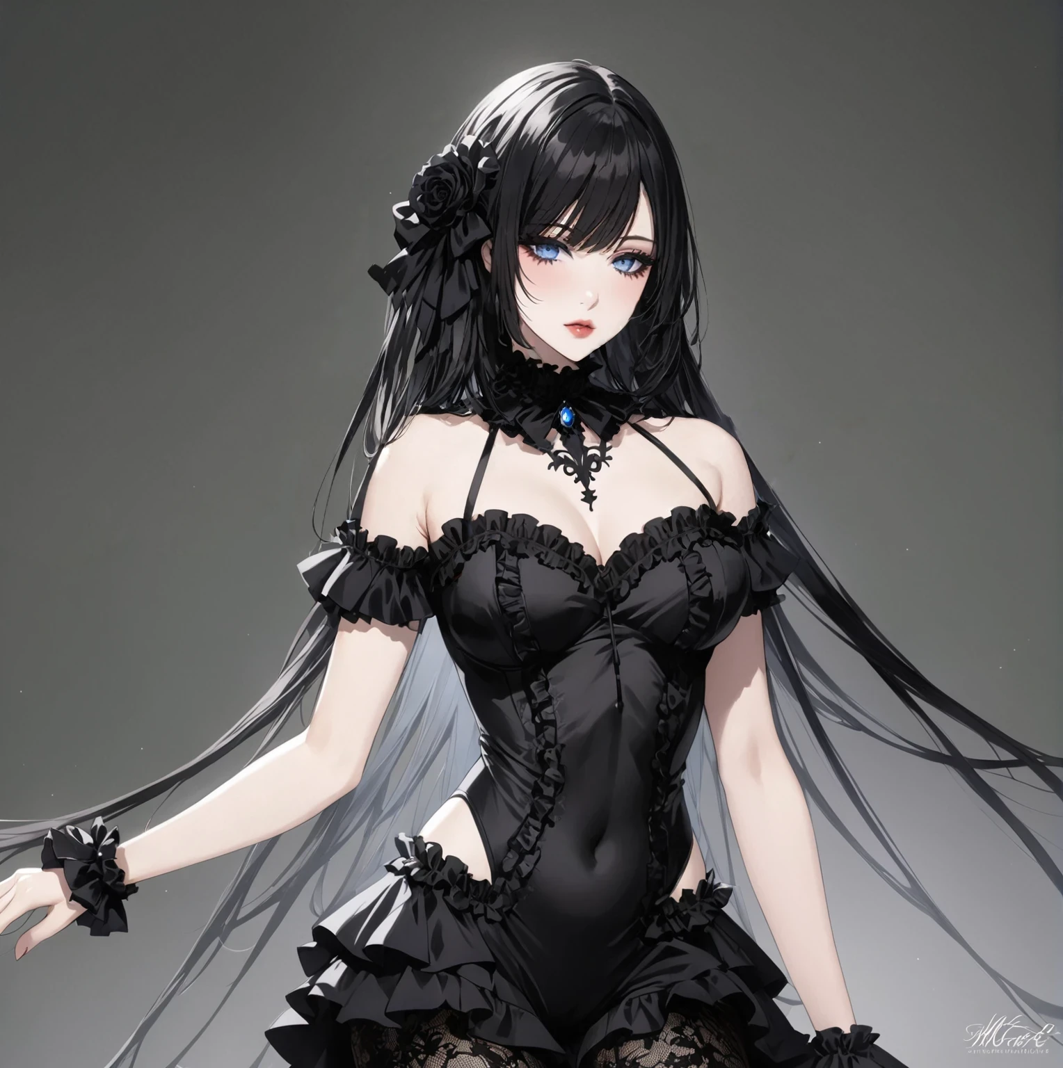 masterpiece, best quality, good quality, Highly detailed, shadowverse style, female, sexy, adult, black hair, lacy frilly armored, modern aesthetic, long straight hair, goth, make up, black eye shadow, lacy frilly armored legging with lacy stocking, blue eyes
