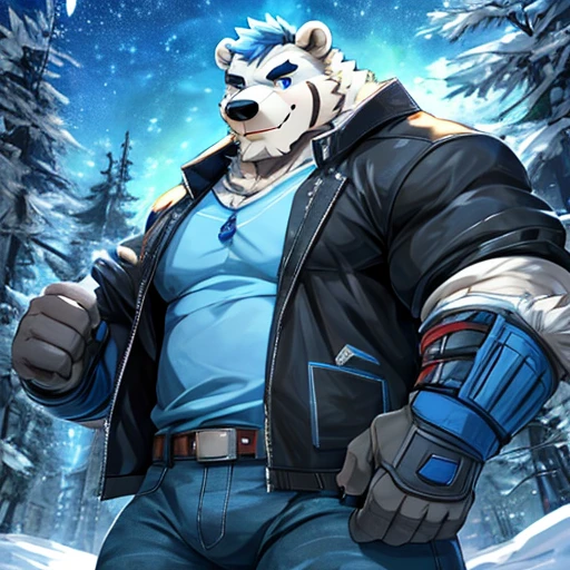 Cool Furry,polar bear,portrait,standing solo,Exquisite,Thick muscular arms,Rugged muscles,White fluffy fur,Extremely muscular body ,Black eyebrows,Sky blue eyes,Beard,In the snowy forest,at night,the sky have so many stars,Smile, cool and dynamic poses , handsome,9'3 tall,blue hair, black jacket with blue t-shirt inside the jacket,jean pants,good looking