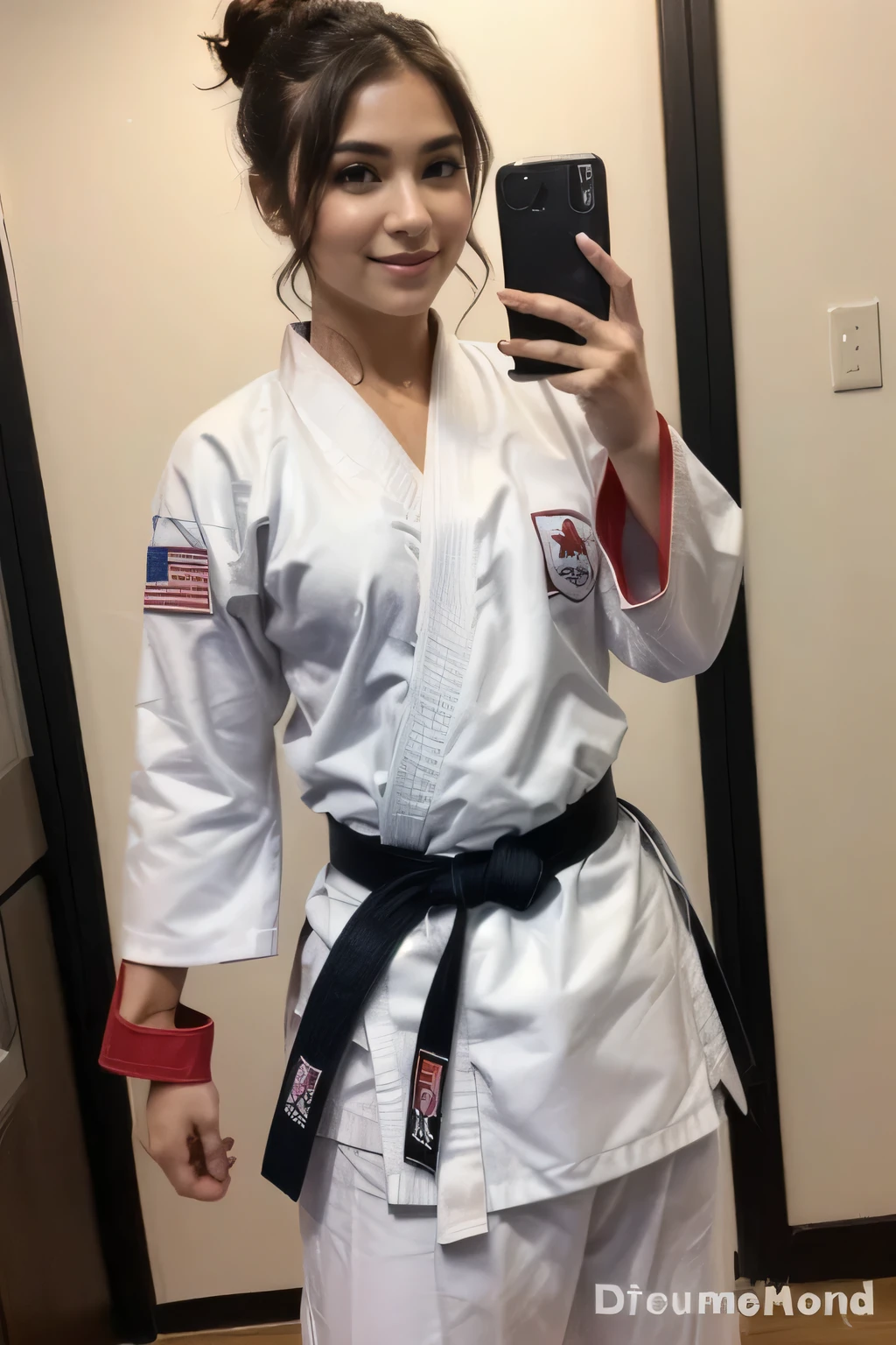 woman in white karate outfit taking a selfie in mirror, wearing a white gi, karate outfit, White uniform, posing ready for a fight, white belt, Full uniform, wearing white robes!, Inspired by Kan'o Hogai, Estilo Kim Jung Gi, What is the point?, nodded, karate, uniform JK, korean girl, Estilo Kim Jung Gi, fighting stance