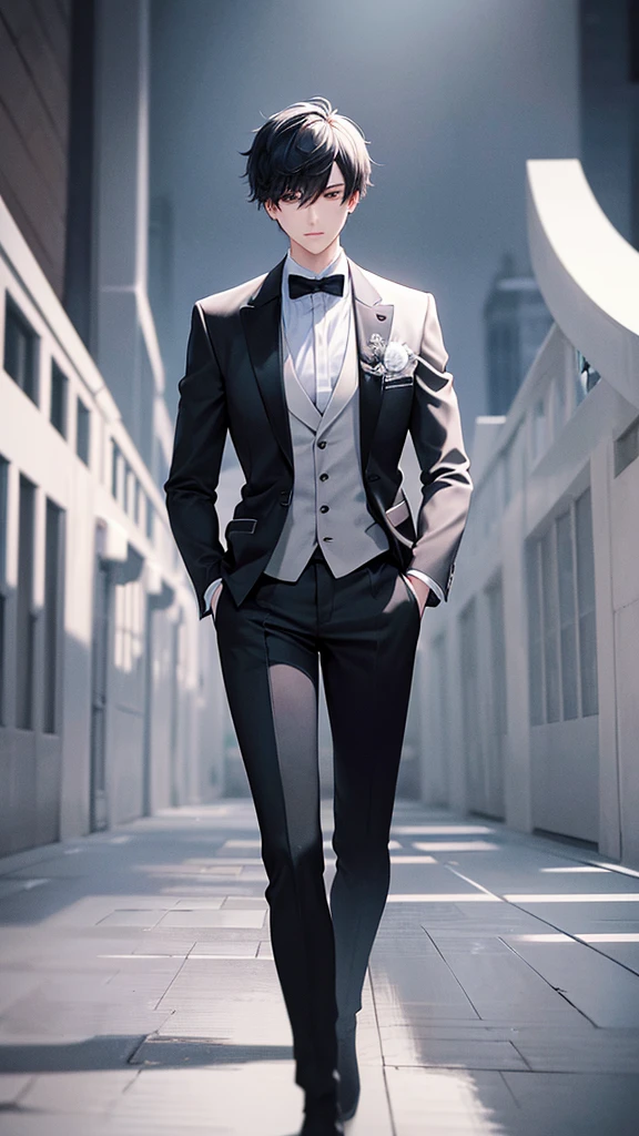 Fullbody Picture photo (rivervalley:1), 1 really tall short medium black haired boy, black eyes,wearing white suit and black tie, on top of a building, high res, ultrasharp, 8k, masterpiece, walking away, looking at the viewer from behind