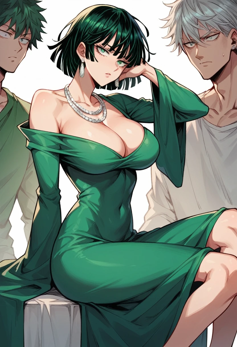fubuki is from one punch man, green dress, dark green hair, silver necklace, silver earrings, silver ring, big breasts, at the prom, there are too many people at the prom, sitting in the VIP seat, 8k