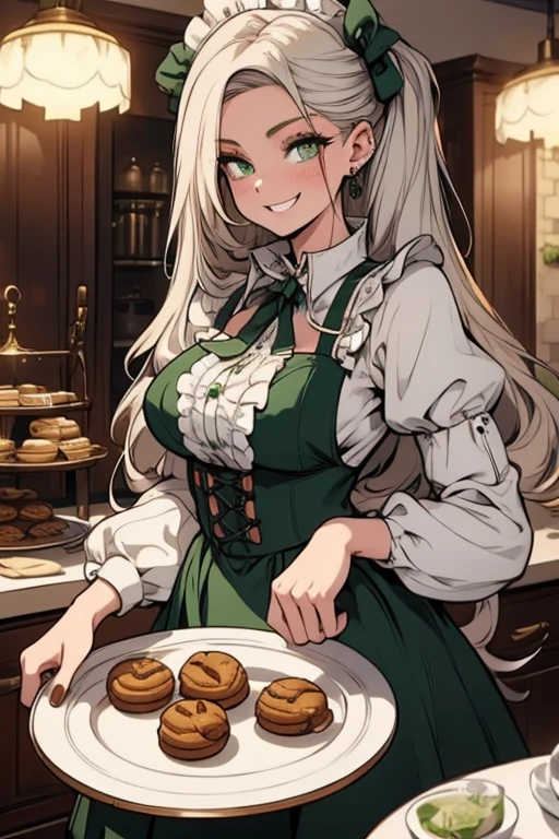 Perfect face. Perfect hands. A young silver haired woman with green eyes and an hourglass figure in a Lolita maid uniform is setting up a tray of cookies and tea in a fancy kitchen with a big smile