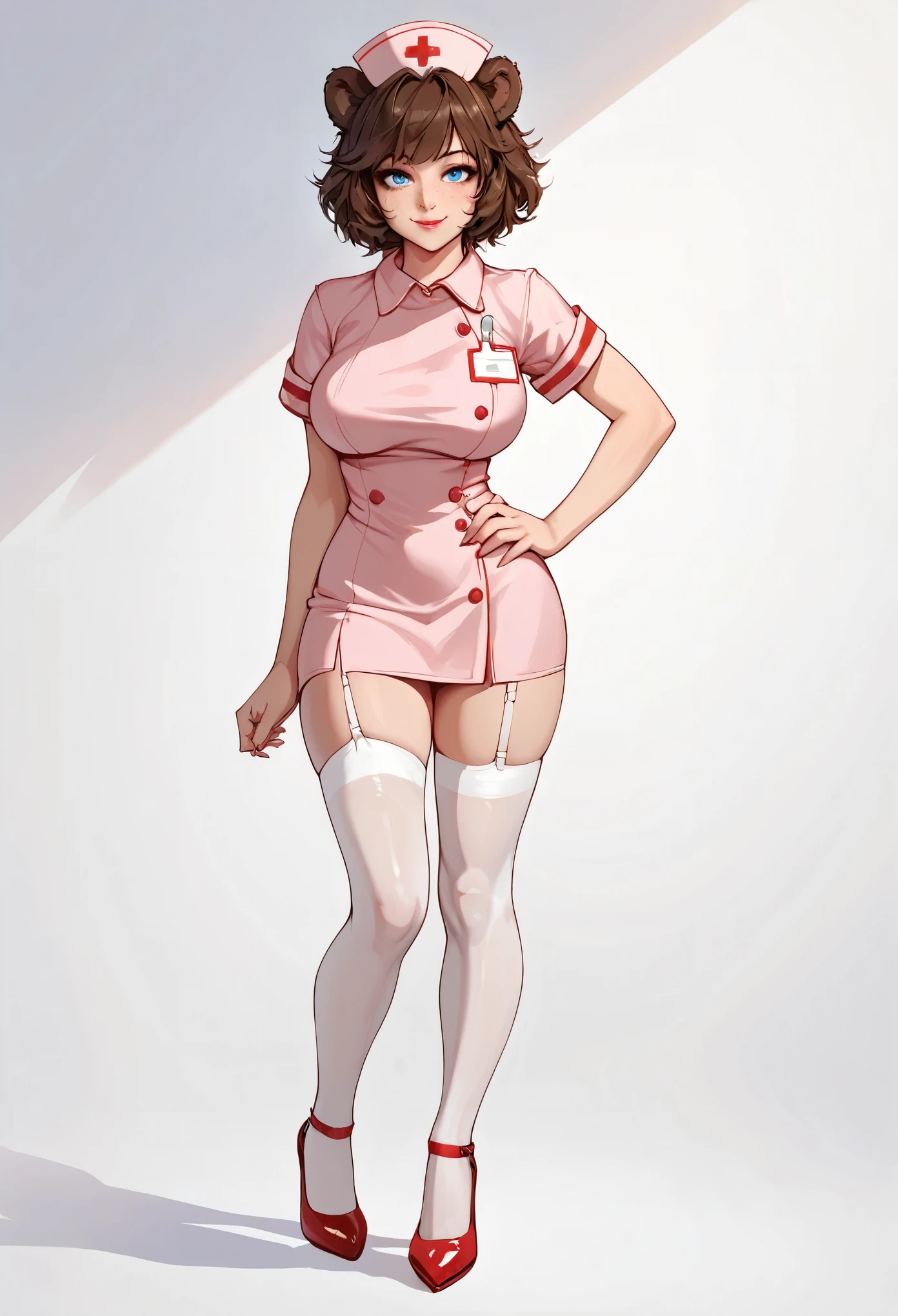 score_9_up, score_8_up, score_7_up, 1girl, solo, source_anime, hourglass figure, Big breasts, kemonomimi, bear ears, brown hair, short hair, messy_hair, blue eyes BREAK freckles, (nurse), pink dress, nurse cap, standing, indoors, looking at viewer, smile, closed mouth, lipstick, white thighhighs, red heels, high heels, white background, simple background