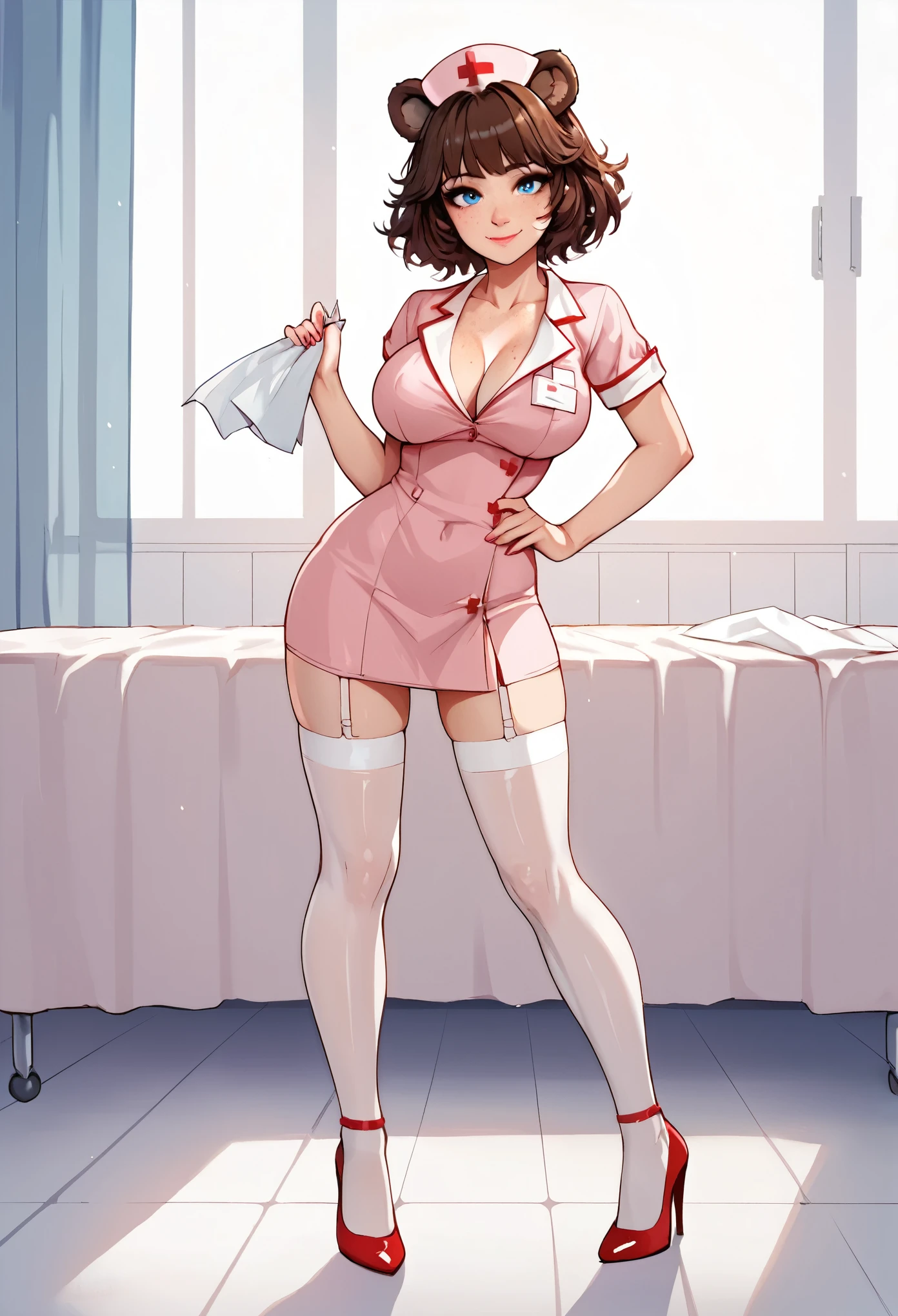 score_9_up, score_8_up, score_7_up, 1girl, solo, source_anime, hourglass figure, Big breasts, kemonomimi, bear ears, brown hair, short hair, messy_hair, blue eyes BREAK freckles, (nurse), pink dress, nurse cap, standing, indoors, looking at viewer, smile, closed mouth, lipstick, white thighhighs, red heels, high heels, white background, simple background 