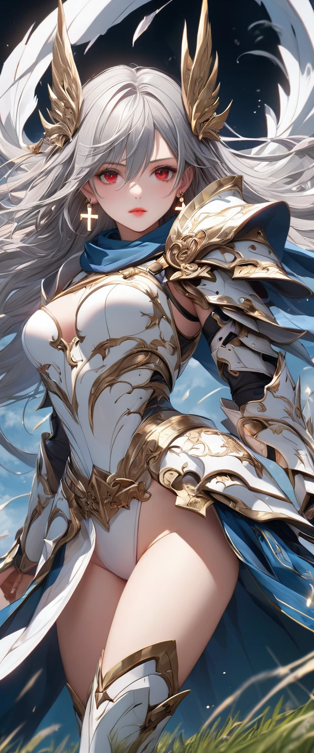 (Perfect Anatomy)、Mastepiece、Ultra High Quality、 8k、masterpiece、Highest quality、Ultra-high resolution、Maximum resolution、Very detailed、Professional Lighting、anime、woman、thin、Very beautiful face、Beautiful eyes、(Highly detailed eye)、Highly detailed face、White armor，Cross earrings，Gray Hair, hairs between eyes, Red eyes，White leotard、Gloss Lip、Pink Lips、Detailed armor patterns、grassland, full body, (((spear))), armored dress, hair accessory, gold pattern, big shoulder armor, high heels boots, green scarf, Conjuring wind with magic, Creating magical whirlwinds