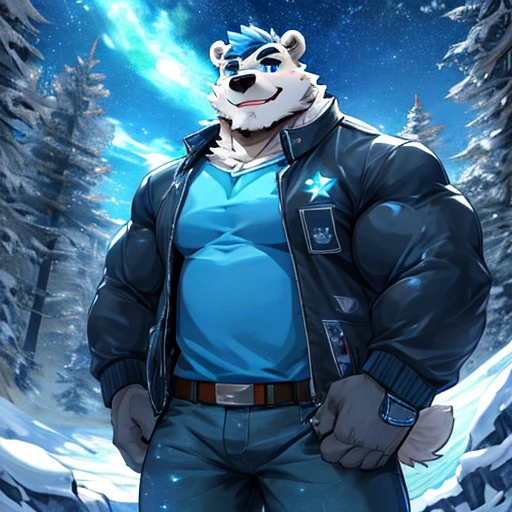 Cool Furry，polar bear，portrait，standing solo，Exquisite，Thick muscular arms，Rugged muscles，White fluffy fur，Extremely muscular body ，Black eyebrows，Sky blue eyes，Beard，In the snowy forest,at night，the sky have so many stars,Smile, cool and dynamic poses , handsome,9'3 tall,blue hair, black jacket with blue t-shirt inside the jacket,jean pants,good looking,clear eyes