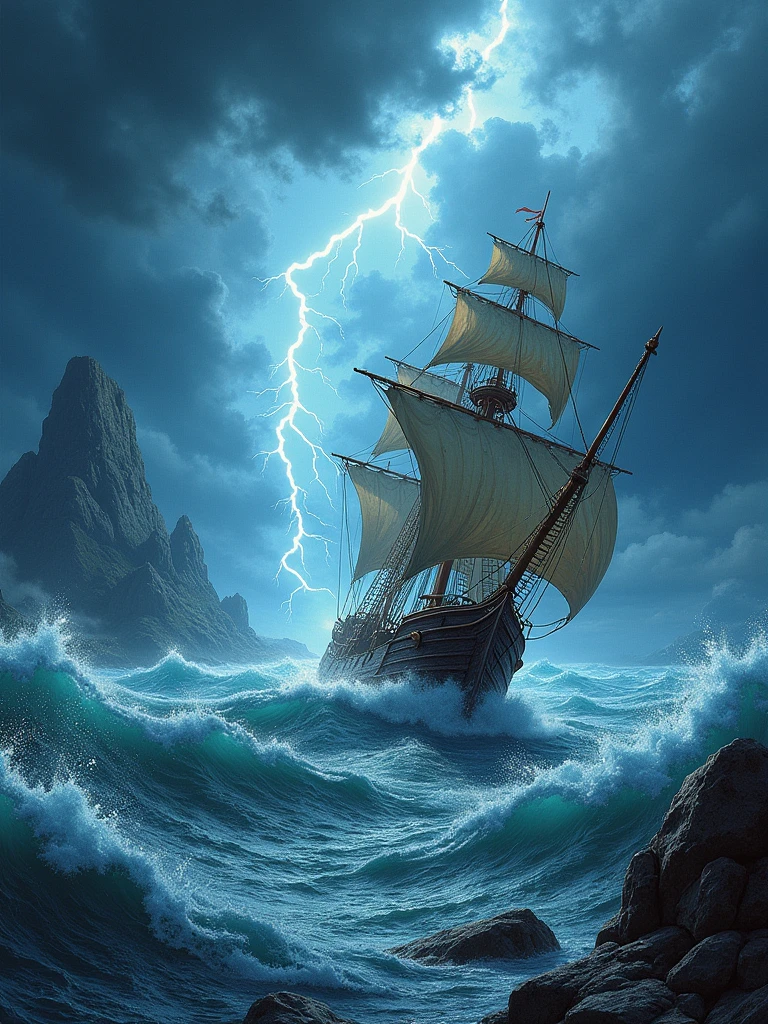 ultra photorealistic colored illustration, dramatic and intense scene of a stormy sea, towering waves crashing violently against each other, their white foam contrasting sharply with the dark, churning waters, he sky above should be filled with ominous, swirling storm clouds, illuminated by occasional flashes of lightning that cast an eerie glow over the tumultuous scene, Include a sturdy, weathered ship caught in the tempest, its sails torn and masts creaking as it battles the relentless waves, distant jagged rocks, coloring page, clean lines, glossy digital art, f/22, wide depth of field, sharp details, clean background