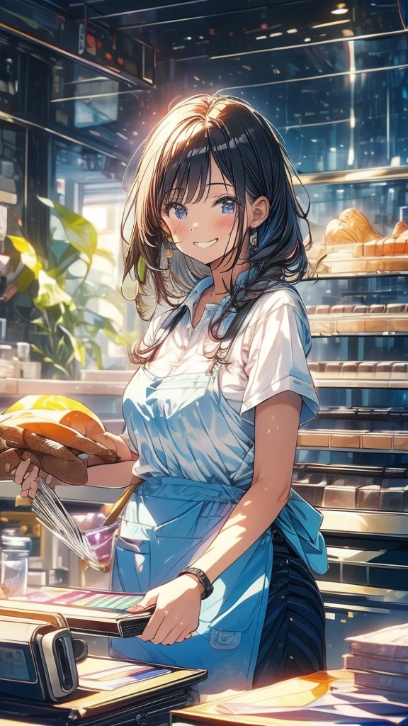 young woman,Facing forward,smile,((Standing inside the cash register)),Touching the cash register machine,Customer Service,((There is a cash register on the table)),(Scanning product barcodes at the cash register)),Supermarket clerk,Wearing an apron,uniform,((Working as a cashier)),((Cashier)),((cashier,register,)),((Receive money from customers)),There are products on the shelves,In the supermarket,Bright interior,grocery store