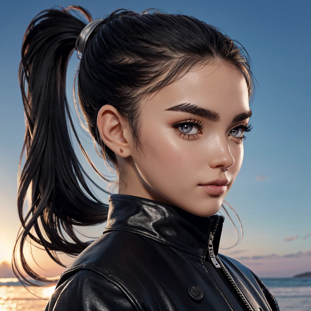 Girl, ponytail brow hair. Silver eyes. Luz do sol ao amanhecer. Black jacket.