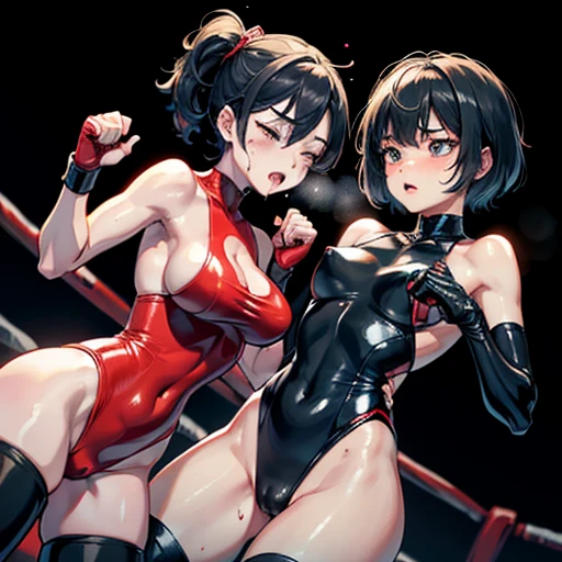 punch,punch,punch. whole body picture. two bloody beautiful Japanese female fighters are glaring at each other. They are banging their punches against their opponents in the octagon ring. Blood is dripping from their nose. they are covered in scars and bruises. they are damaged terribry. Short-cut black hair, out of breath, drooling from mouth, one eye closed, exhausted, drenched in sweat. Erect nipples. open finger glove. high-leg leotard. Stockings. arm-warmers. Excellent proportion body.