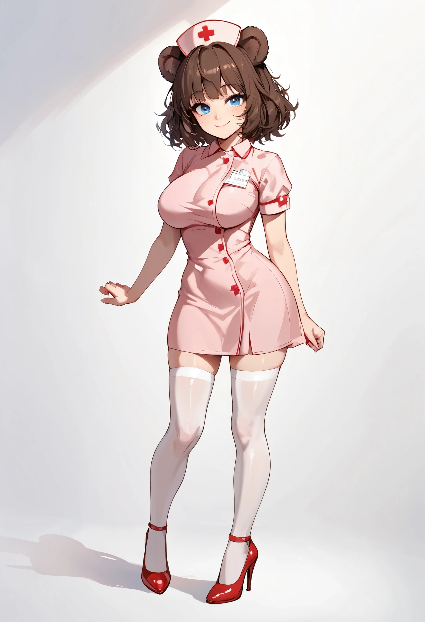 score_9_up, score_8_up, score_7_up, 1girl, solo, source_anime, hourglass figure, Big breasts, kemonomimi, bear ears, brown hair, short hair, messy_hair, blue eyes BREAK freckles, (nurse), pink dress, nurse cap, standing, indoors, looking at viewer, smile, closed mouth,, white thighhighs, red heels, high heels, white background, simple background 