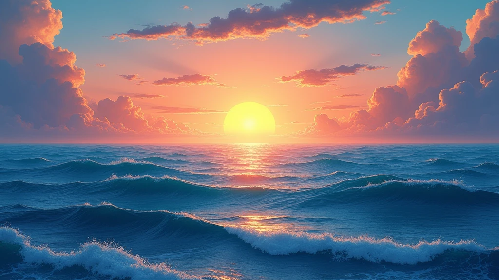 A breathtaking illustration of a vast ocean at sunrise, symbolizing possibility and a new beginning, highly detailed and of the best quality