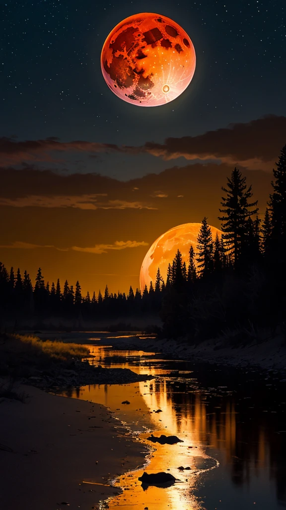 neon_outlines, landscape at night, bloodmoon, high saturation, vibrant colors