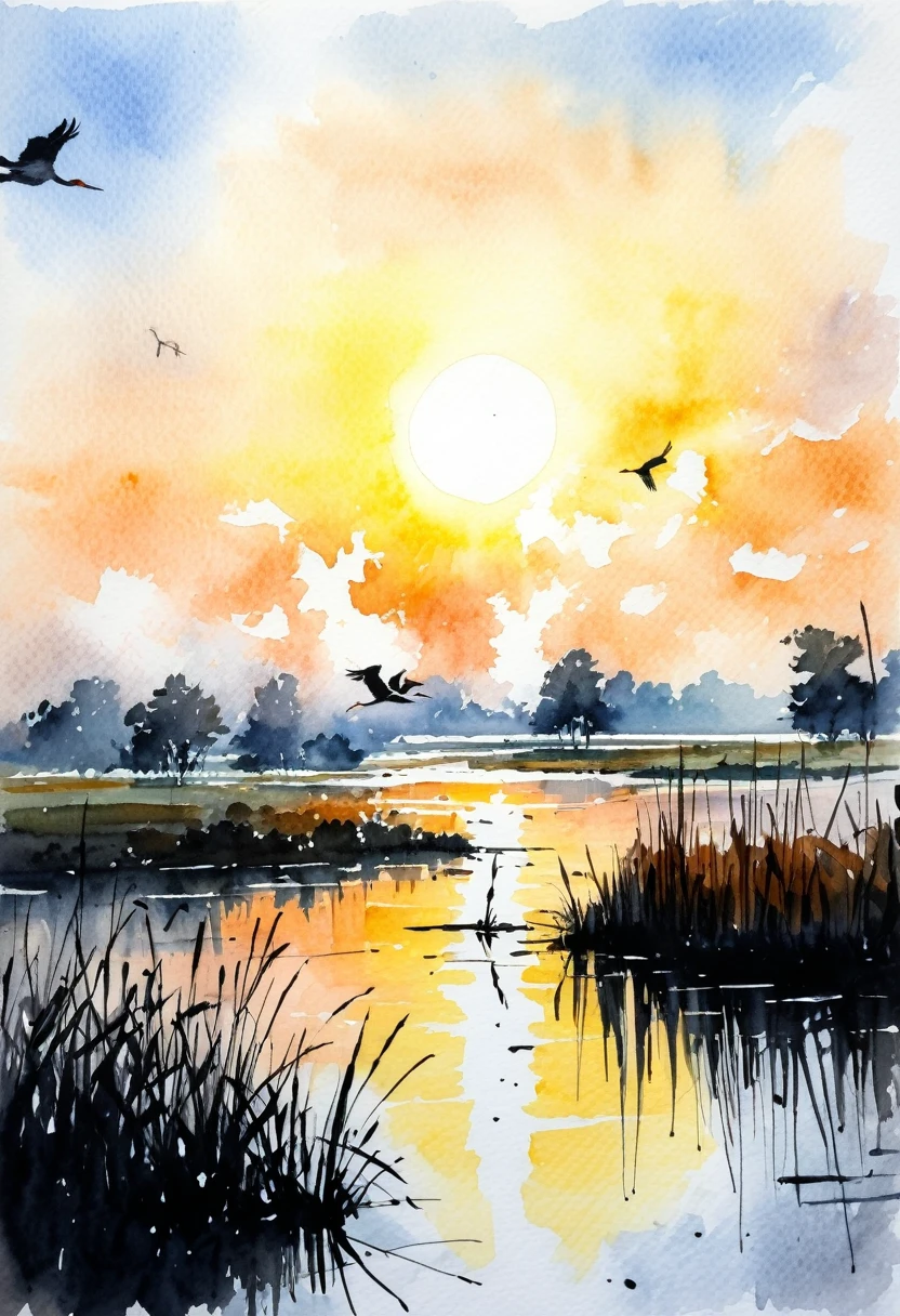 Watercolor drawing with soft strokes. art of Alena Enami. The sun rises over a marshy area, storks flying in the sky. Fog. 