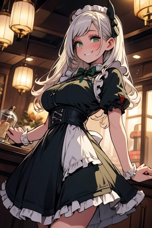 Perfect face. Perfect hands. A young silver haired woman with green eyes and an hourglass figure in a Lolita maid uniform is serving tea in a fancy maid cafe with a big smile