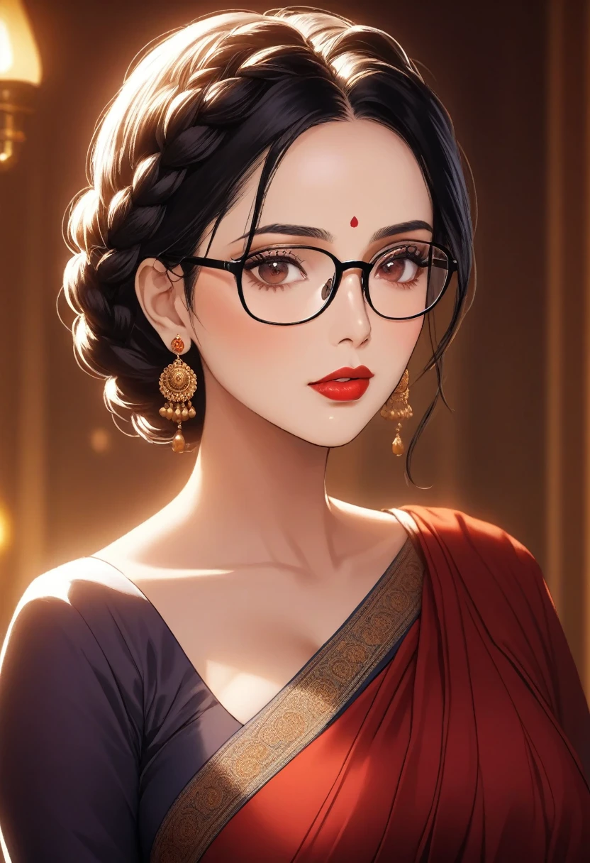 a mature lady with braided hair, wearing aesthetic glasses, face makeup, red lipstick, saree, jhumka earrings, saggy breasts, intricate details, high quality, photorealistic, cinematic lighting, warm color tones, elegant portrait