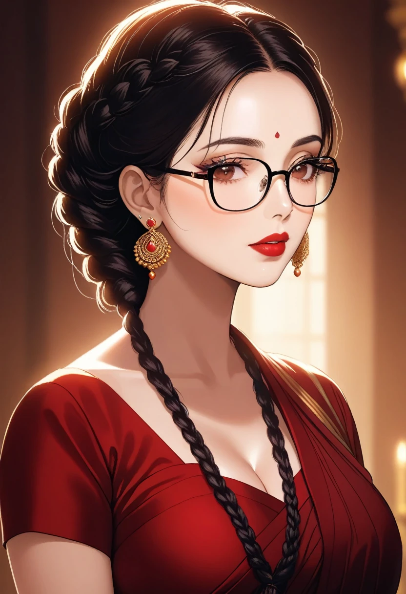 a mature lady with braided hair, wearing aesthetic glasses, face makeup, red lipstick, saree, jhumka earrings, saggy breasts, intricate details, high quality, photorealistic, cinematic lighting, warm color tones, elegant portrait