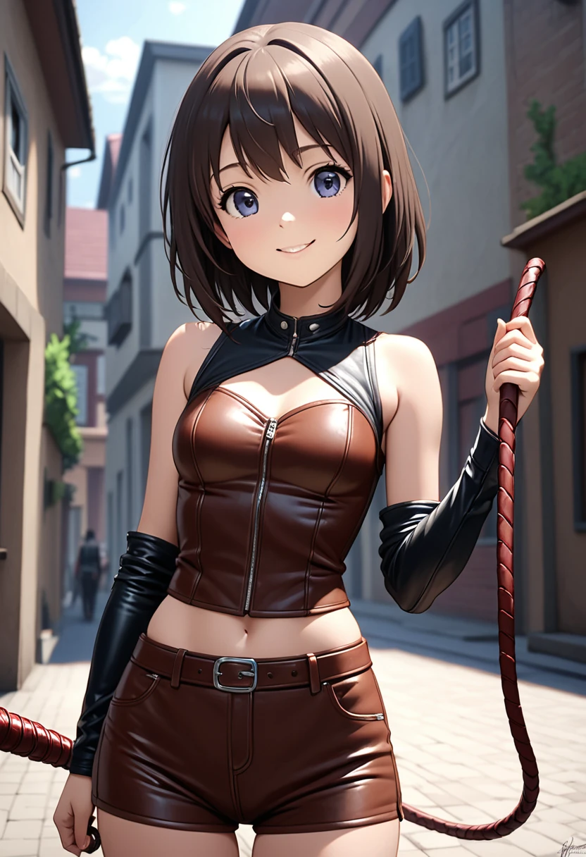 (((Pixel Perfect,Perfect in every detail))), A girl around 15 years old,smile,Leather costume,NSWF,A cute leather whip，whip，cinematic，whipを手に持っている，