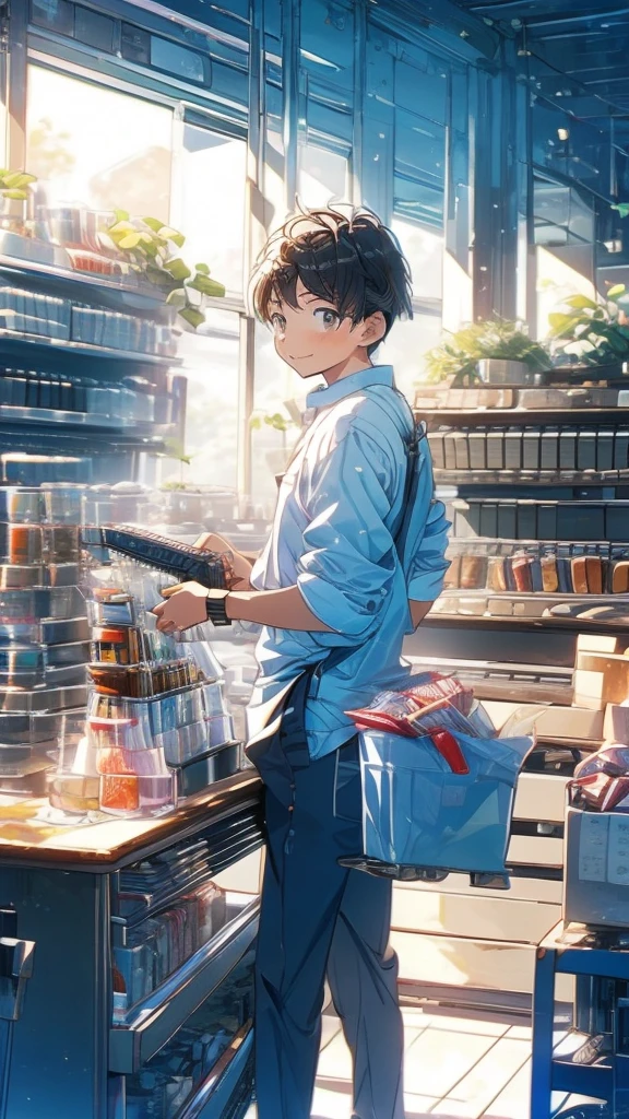 young woman,Facing forward,smile,((Standing inside the cash register)),Touching the cash register machine,Customer Service,((There is a cash register on the table)),(Scanning product barcodes at the cash register)),Supermarket clerk,Wearing an apron,uniform,((Working as a cashier)),((Cashier)),((cashier,register,)),((Receive money from customers)),There are products on the shelves,In the supermarket,Bright interior,grocery store
