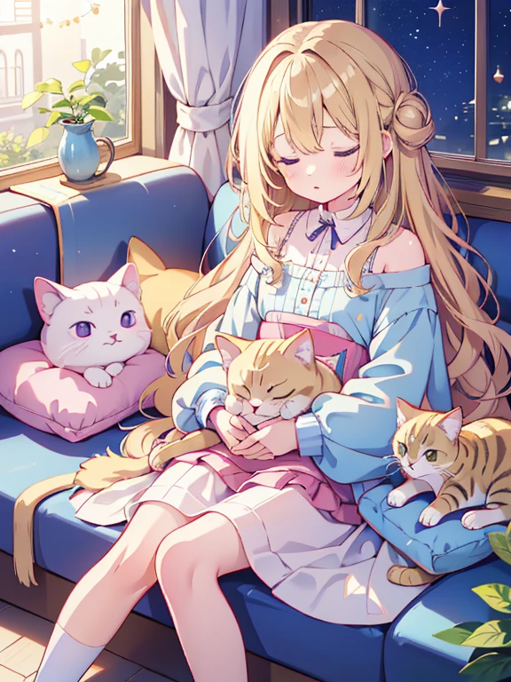 Colored pencil drawing、（A young girl around 12 years old、cute）、Long wavy blonde hair、If the kitten３Animals、Sleeping near the girl、On the sofa、The girl is sleeping with a cat on her lap、The starry sky can be seen from the window